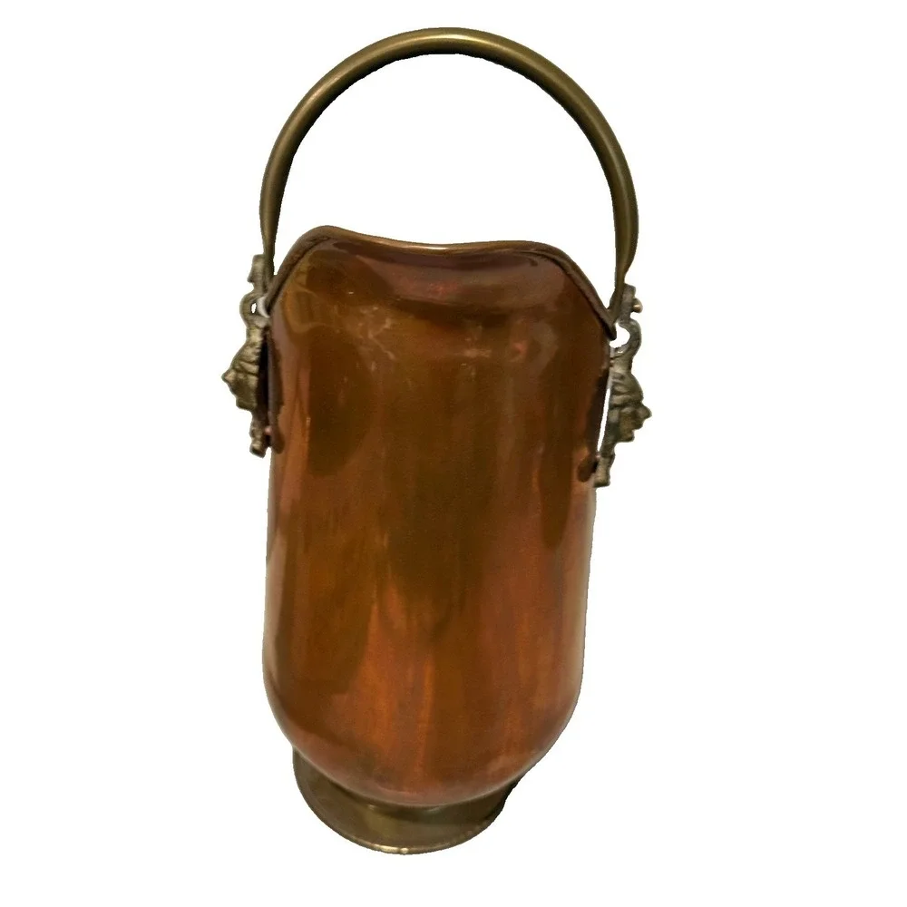 Vintage Copper Coal Scuttle/Bucket W/ Ceramic Handle Lion Decoratives, 13